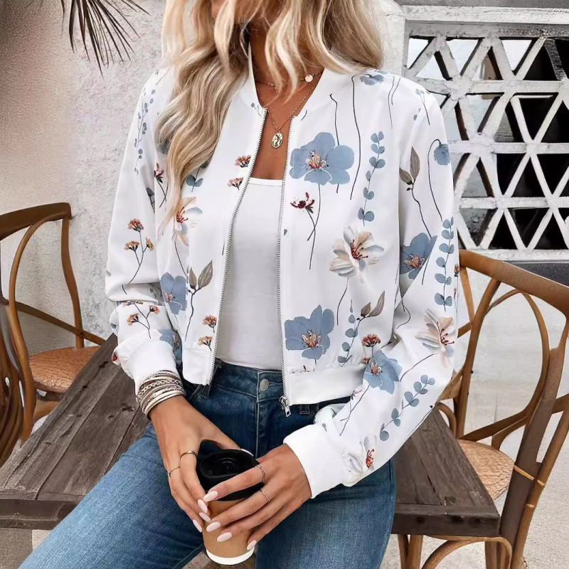 European and American Cross-Border 2026 Autumn and Winter Elegant Women's Zip-Up Floral Print Long-Sleeve Short Casual Jacket