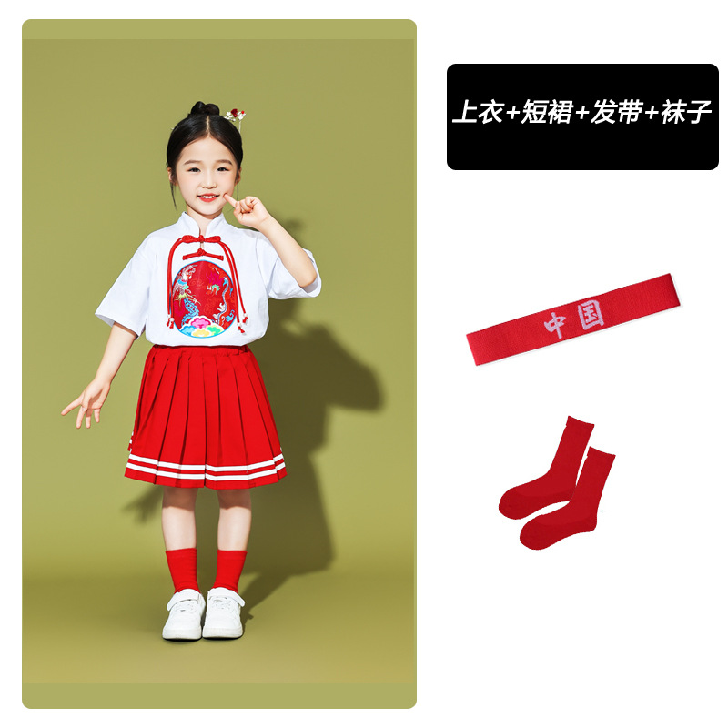 White colour circle, T-shirt, red mini-skirt, headband, socks
