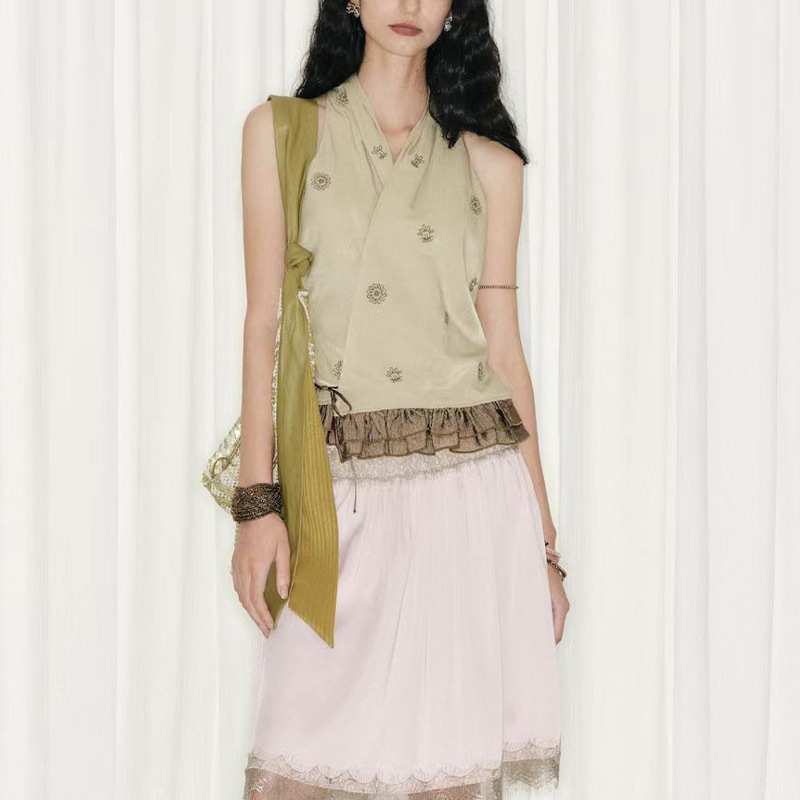 Palav2026 Summer Zhong Chuxi Style Sari-Inspired Top V-Neck Patchwork Vest Women's Sleeveless Top Original Design