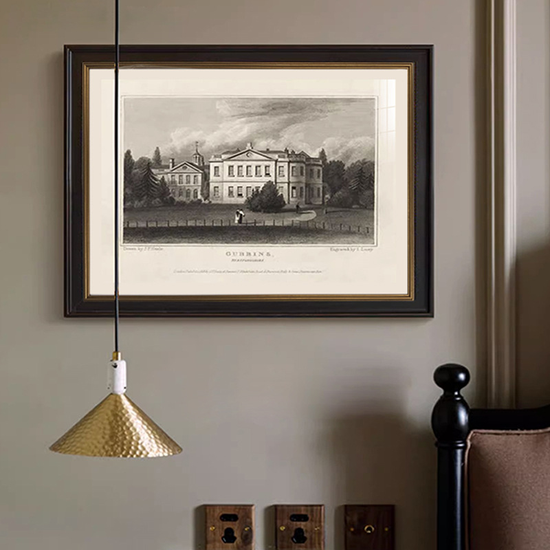 美式建筑玄关挂画沙发装饰客厅复古黑白艺术高级感伦敦大学图书馆