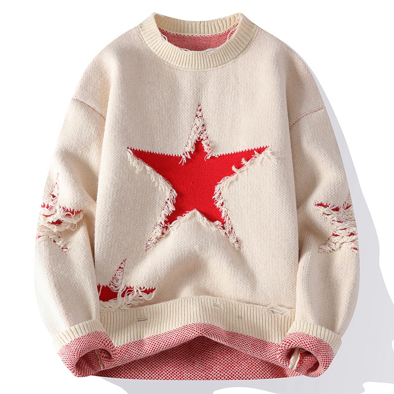 New Youth Expansion Loose Pullover Sweater Men's Knitwear fleece-lined Thickened Round Neck Star Knitwear