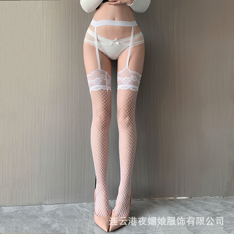 Sexy Lace Fishnet Stockings with Suspenders, Sheer and All-In-One, Over-The-Knee Long Stockings for Women