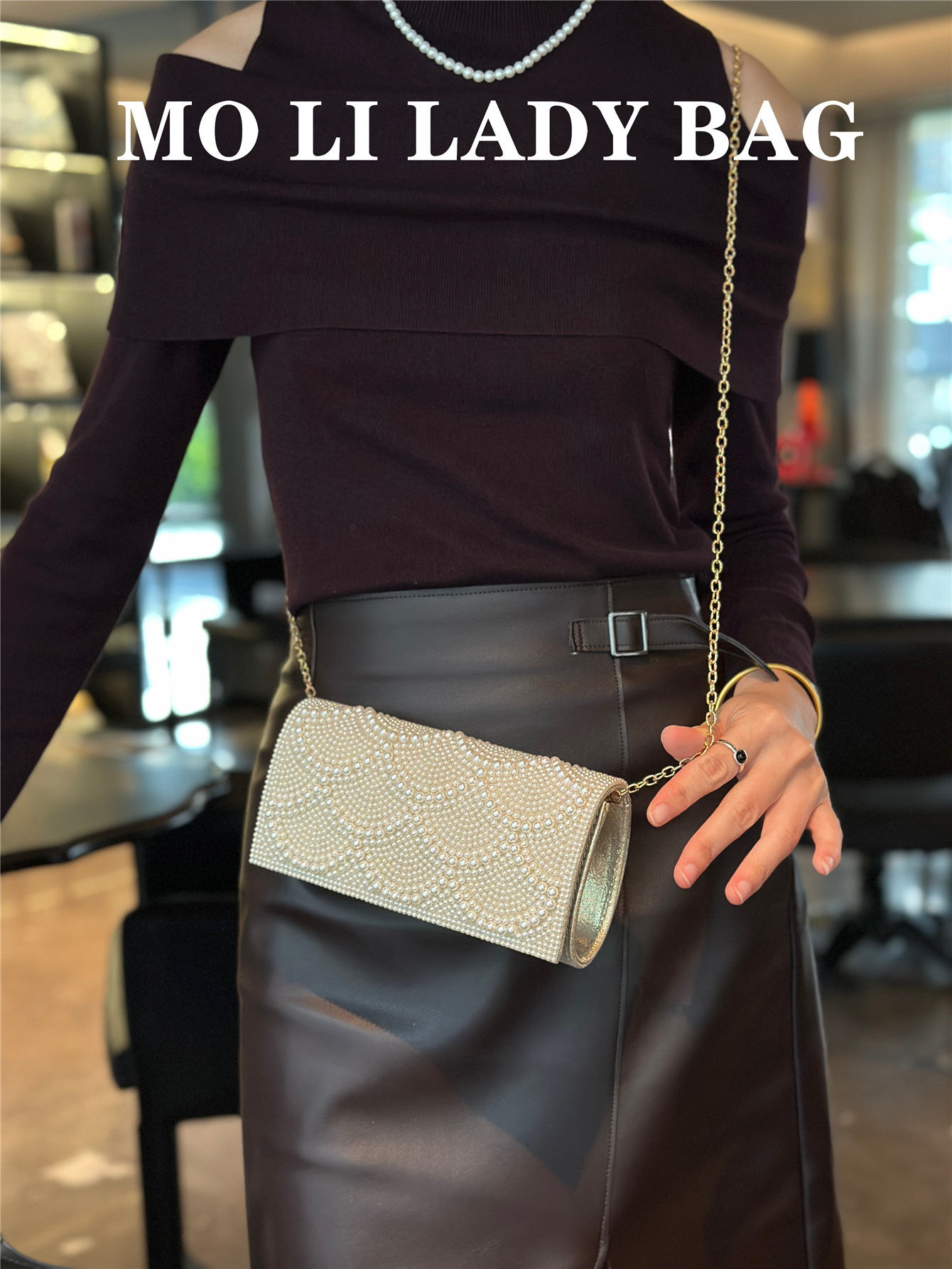 Bolso de Mano de Noche con Perlas, Poliéster, Decoración de Perlas y Cadena, para Fiesta de Noche y Bodas image 6