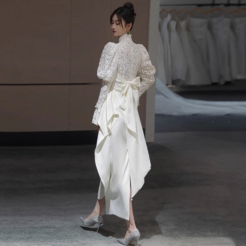 French Lace Light Wedding Dress 2026 New Satin Petite Long-Sleeved Going-Out Dress Retro Cheongsam Engagement Dress