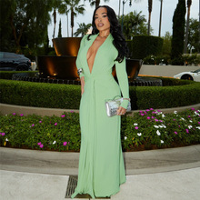 欧美跨境秋冬新款女装时尚简约纯色长袖性感深V领包臀辣妹连衣裙