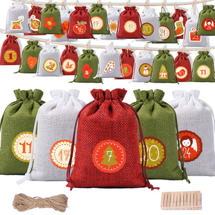 Cross-Border New Christmas Advent Calendar Drawstring Bag Candy Packaging Bag Christmas Linen Drawstring Pocket Gift Bag Set