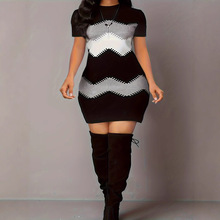 跨境亚马逊新款圆领短袖印花女装时尚性感针织包臀连衣裙工厂批发