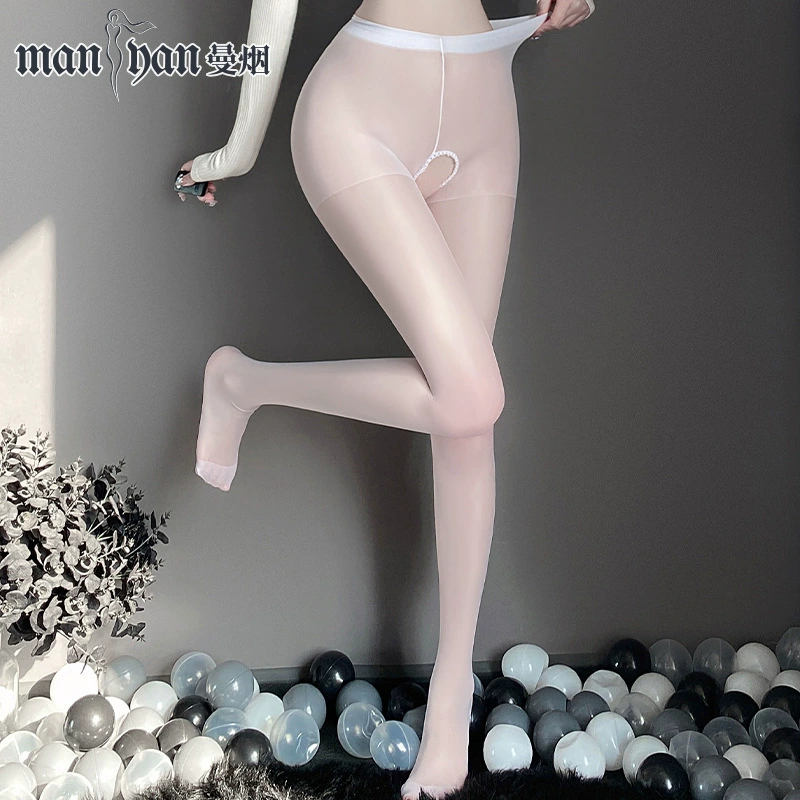 曼烟 Sexy underwear sexy black silk perspective two -faced big open stalls connecting pants long pants stockings Sex stockings 7001