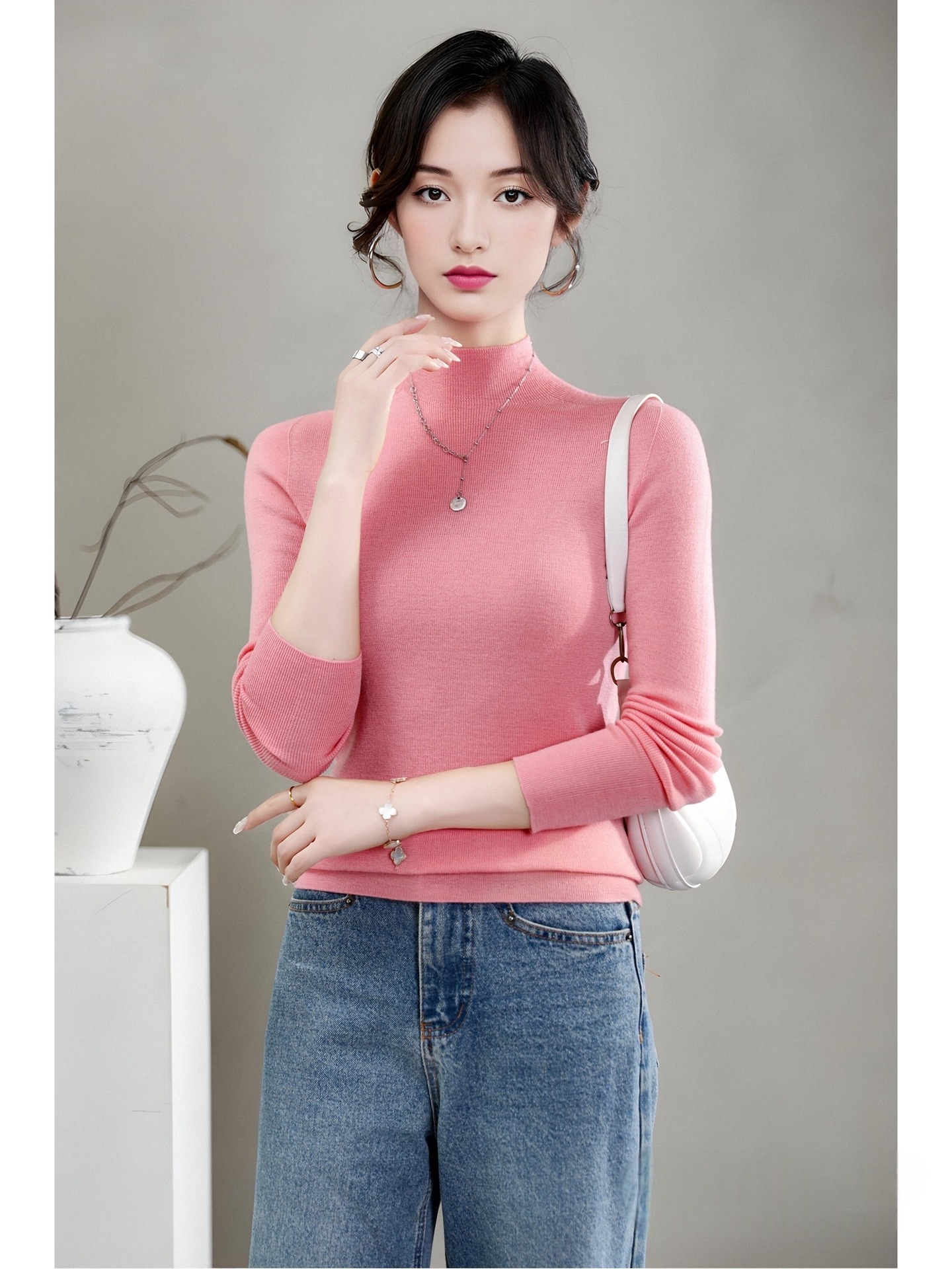 揚子糸ワンピース成形シームレスウールセーター女性のセータースリムハーフタートルネック 100% ウールニットボトリングシャツ