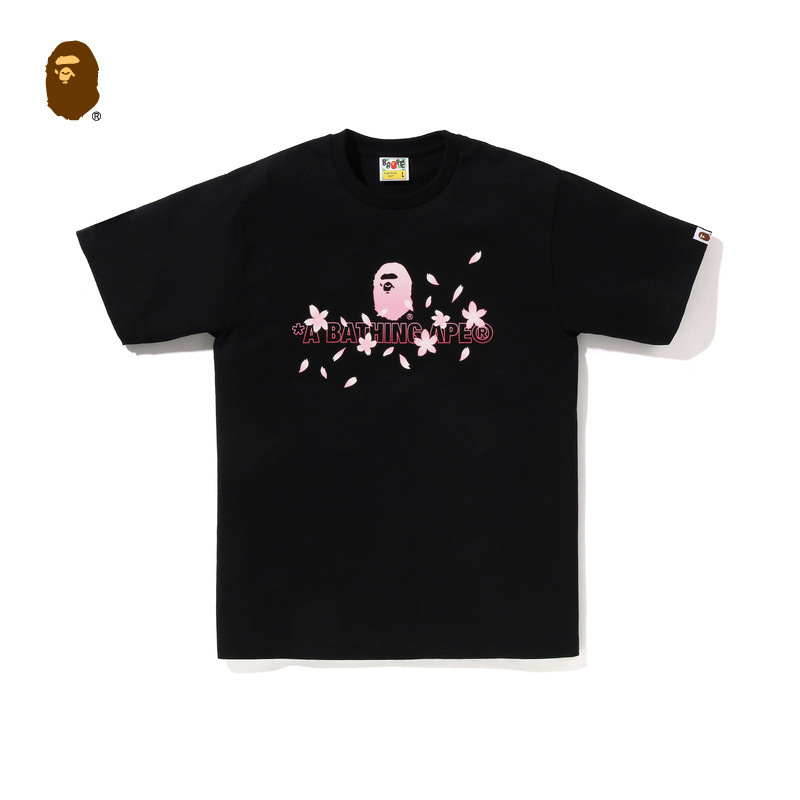 BAPE Sakura Ape Head Letter Print Short Sleeve Japanese Style Trendy Brand Heavyweight Cotton Loose Fit Couple's Crew Neck T-Shirt BAPE Sakura Ape Head Letter Print Short Sleeve Japanese Style Trendy Brand Heavyweight Cotton Loose Fit Couple's Crew Neck T-Shirt