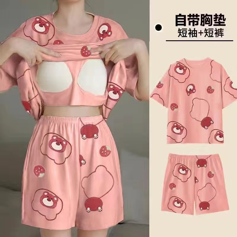 睡衣女夏季短袖套甜美带胸垫韩版卡通学生休闲宽松大码宿舍家居服|undefined