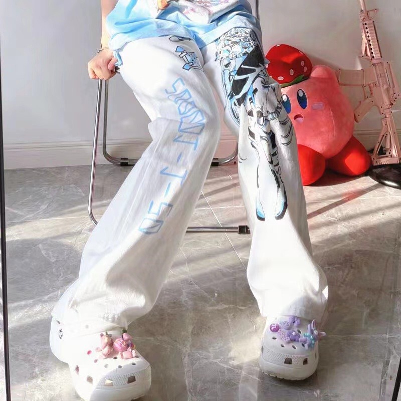 Pants Women's Summer New Korean-style ins Second-dimensional Japanese Animation Cartoon Printed White Straight Pants Casual Trousers