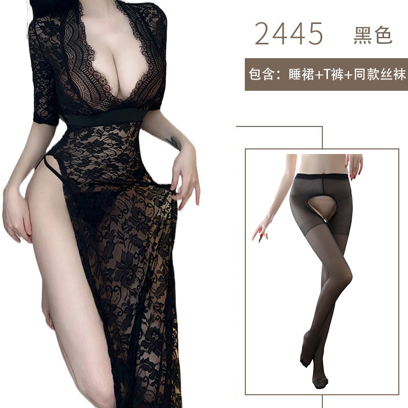 블랙 (잠옷 원피스 + 티팬티 + 블랙 오픈 크로치 스타킹)