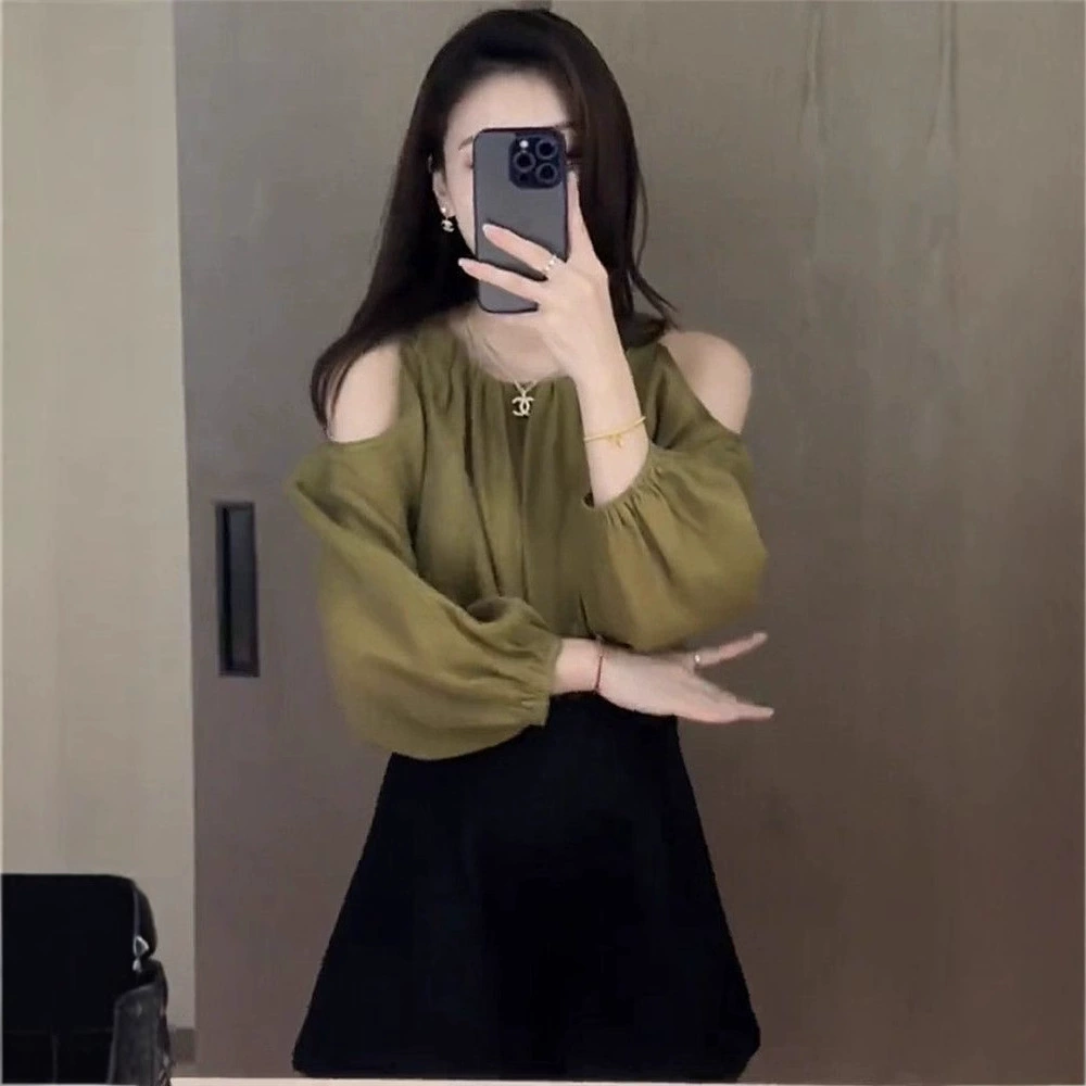 Сексуальная рубашка с открытыми плечами и круглым вырезом во французском стиле для женщин, летняя рубашка в нежном стиле, супер сказочный простой однотонный топ