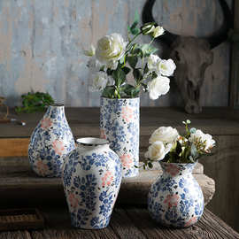 法式乡村复古花瓶做旧青花瓷花瓶裂纹鲜花水培陶瓷花器网红款摆件