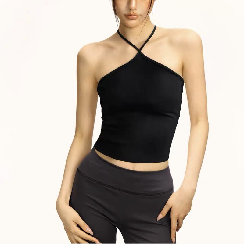 713 Sexy Sexy Strappy Halterneck Vest with Breast Pads for Women, Short Off-Shoulder Niche Fashion Slim Outer Suspender Belt