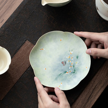 手绘文心兰陶瓷壶承中式田园风茶承茶壶盖碗底座茶点盘果盘两用