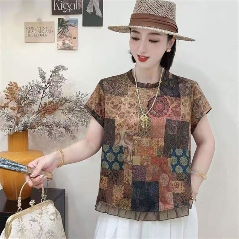 Popular Ruffled Vintage Print Blouse 2026 Summer New Fashion Stylish Short-Sleeve T-Shirt Popular Ruffled Vintage Print Blouse 2026 Summer New Fashion Stylish Short-Sleeve T-Shirt