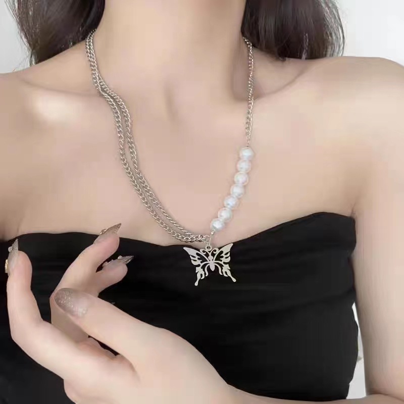 Hip-Hop Butterfly Artificial Pearl Titanium Steel Plating Pendant Necklace_colorza_2