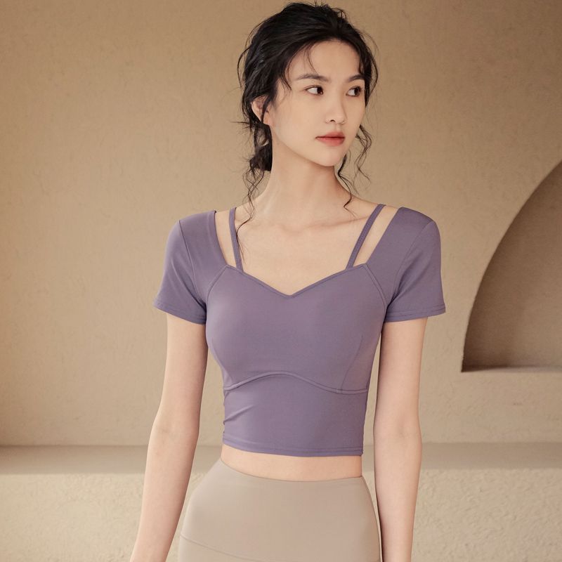 Yoga Clothes with Chest Pads, Long and Short Sleeves, Women's Pilates Sports Running Performance Wear, Training Sexy T-Shirt with Beautiful Back Design