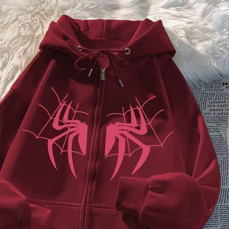 American retro spider print fleece-lined hooded sweatshirt, new 2026 autumn/winter trendy brand, loose-fitting niche high street jacket American retro spider print fleece-lined hooded sweatshirt, new 2026 autumn/winter trendy brand, loose-fitting niche high street jacket