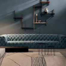 意式轻奢磨砂真皮布艺拉扣月球沙发美式现代别墅直排四人客厅组合