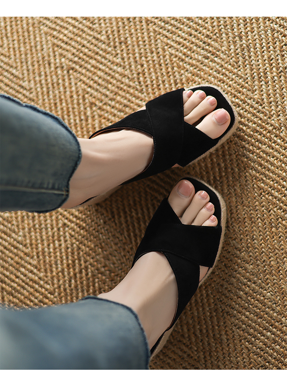 Sandal cao gót nữ quai ngang đế xuồng đan dày — Màu đen chi tiết 15