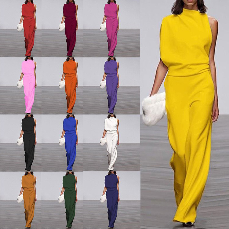 2026 New European Style Women's Pants Solid Color One-Shoulder Ruched Collar Jumpsuit Amazon Hot-Selling Gown Long Pants 2026 New European Style Women's Pants Solid Color One-Shoulder Ruched Collar Jumpsuit Amazon Hot-Selling Gown Long Pants