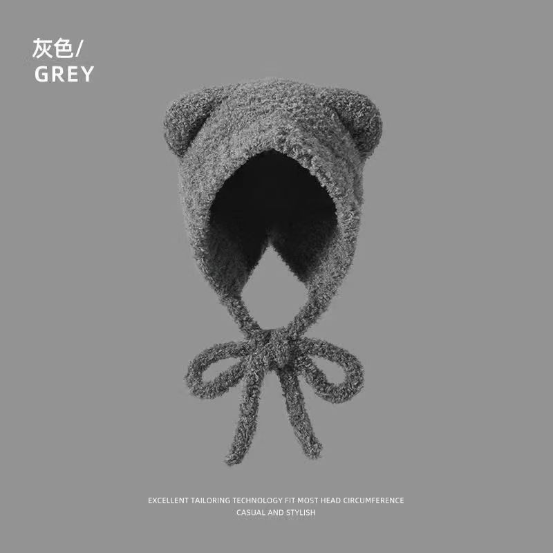 クマのニット帽、かわいいウールのぬいぐるみ、女性の秋冬の万能韓国版、暖かいぬいぐるみ、大きな頭囲、小さな顔|undefined