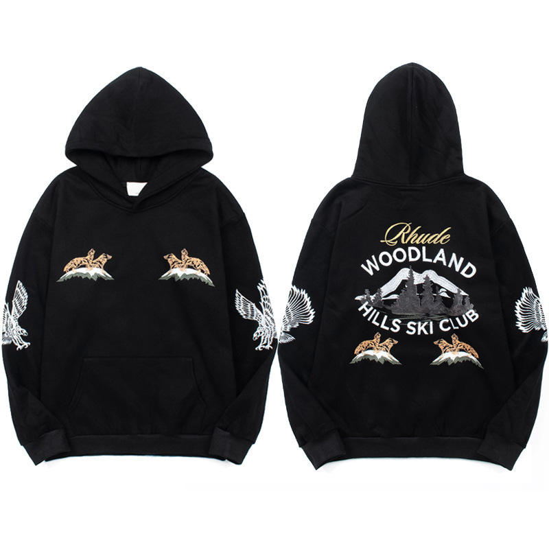 Cross-Border Wholesale American High Street Wolf Pack Snow Mountain Skiing Eagle Hooded Sweatshirt Men's and Women's Large Size Loose Jacket Trendy