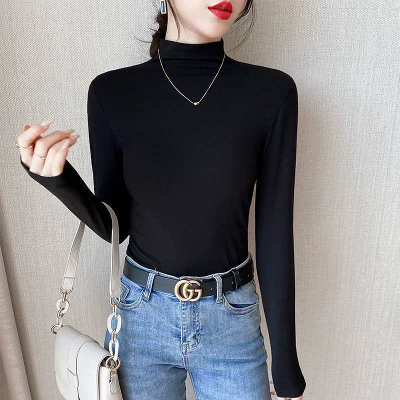 Базовая Женская осенне-зимняя высококачественная черная приталенная футболка с длинными рукавами и маленьким воротником, теплый топ из мягкого вощеного чистого хлопка