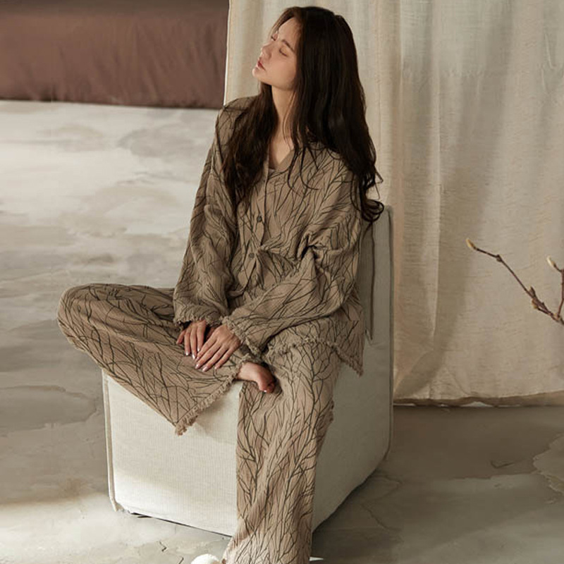 Cloud Cotton Gauze Pajamas for Women, Thin Style, 2025 New Vintage Chinese Style Striped Long-Sleeved Loungewear with Tassel Edges, in Stock