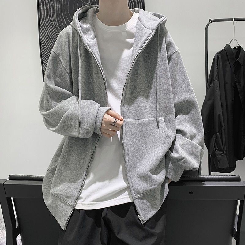 Solid color simple cardigan hooded sweater men's and women's same autumn and winter fleece-lined boyfriend style zipper couple's coat Solid color simple cardigan hooded sweater men's and women's same autumn and winter fleece-lined boyfriend style zipper couple's coat