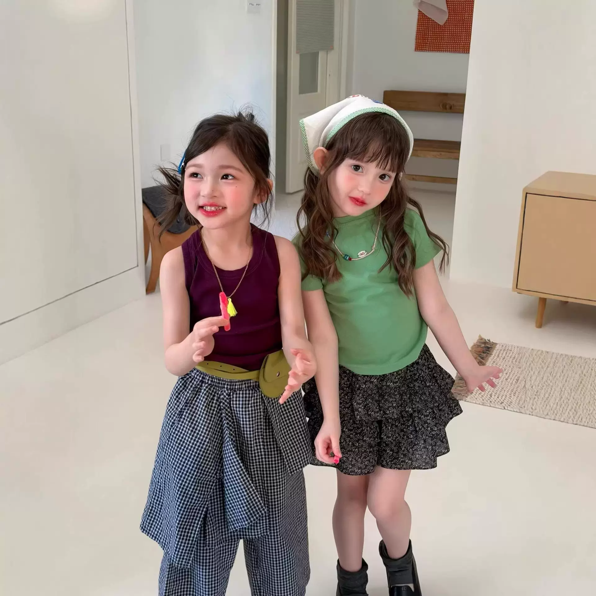 橘思女童套装2026夏新款辣妹风修身短袖t+碎花蛋糕半身裙裤外贸潮