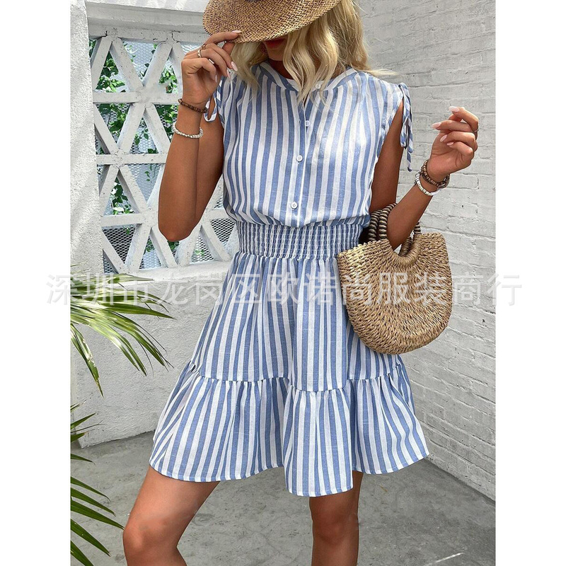2024 Cross Border New SHEIN Summer Blue and White Striped Cotton Shoulder Pleated Waist dress
