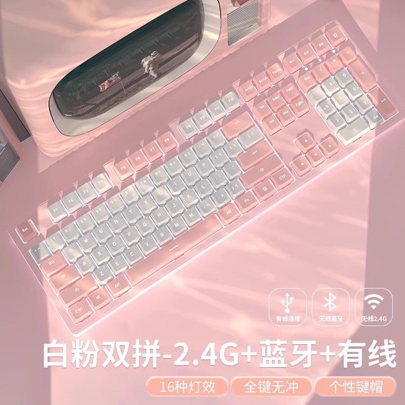 ゲームのノートの女子学生の赤い軸の青い軸は事務のデスクトップのコンピュータの機械のキーボードのピンクのかわいい有線の電気を競います。