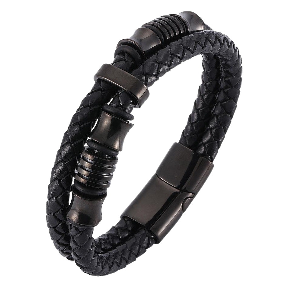 【Producto Popular】 Pulsera de Cuero Negro para Hombre, Doble Capa, Trenzada de Acero Inoxidable, Hecha a Mano, Multicapa