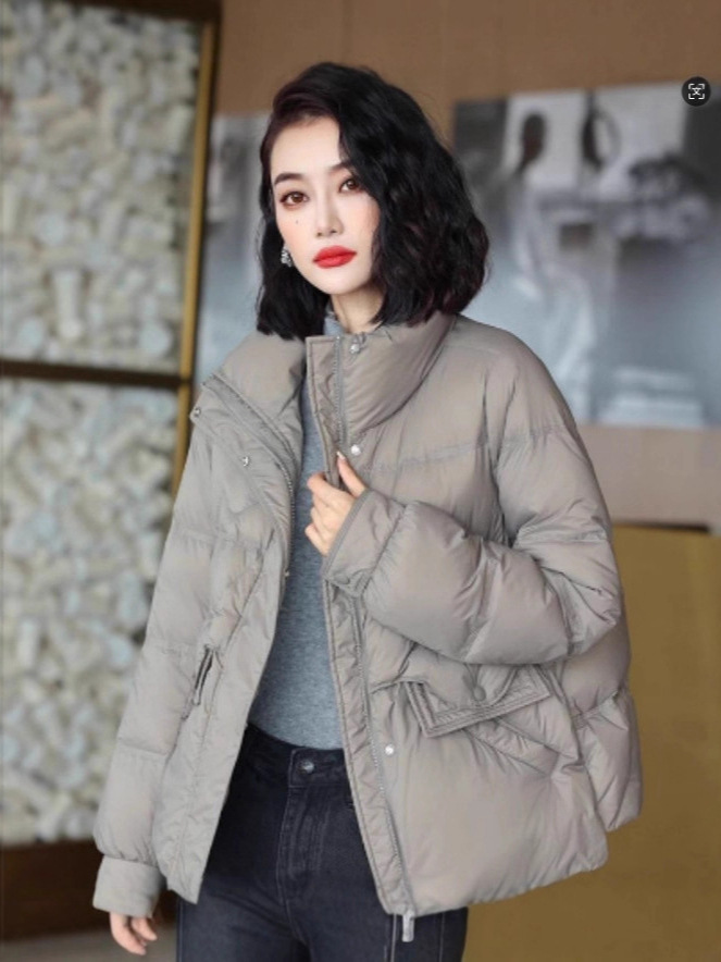 Invierno nuevo cuello vertical chaqueta de plumón mujer abrigo abrigo abrigo corto suelto stock