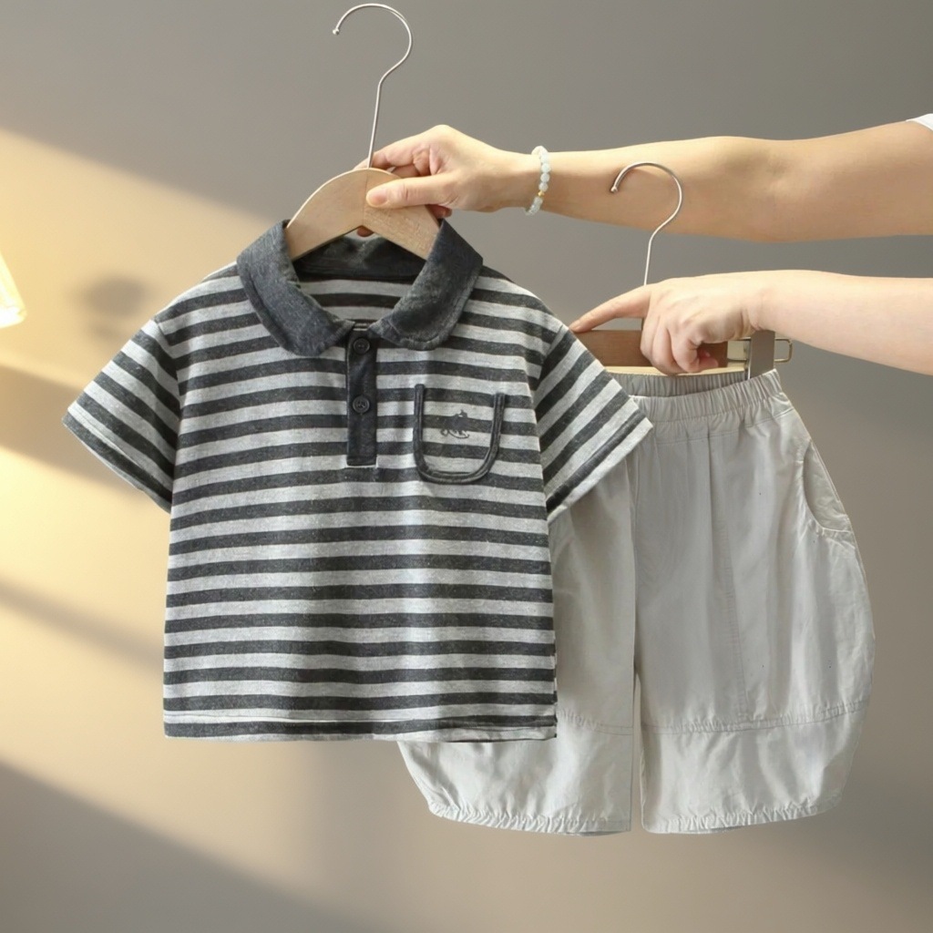 2026 New Style Cool and Stylish Summer Set for Boys - Striped Polo Shirt Short-Sleeve Two-Piece Set for Babies and Little Masters