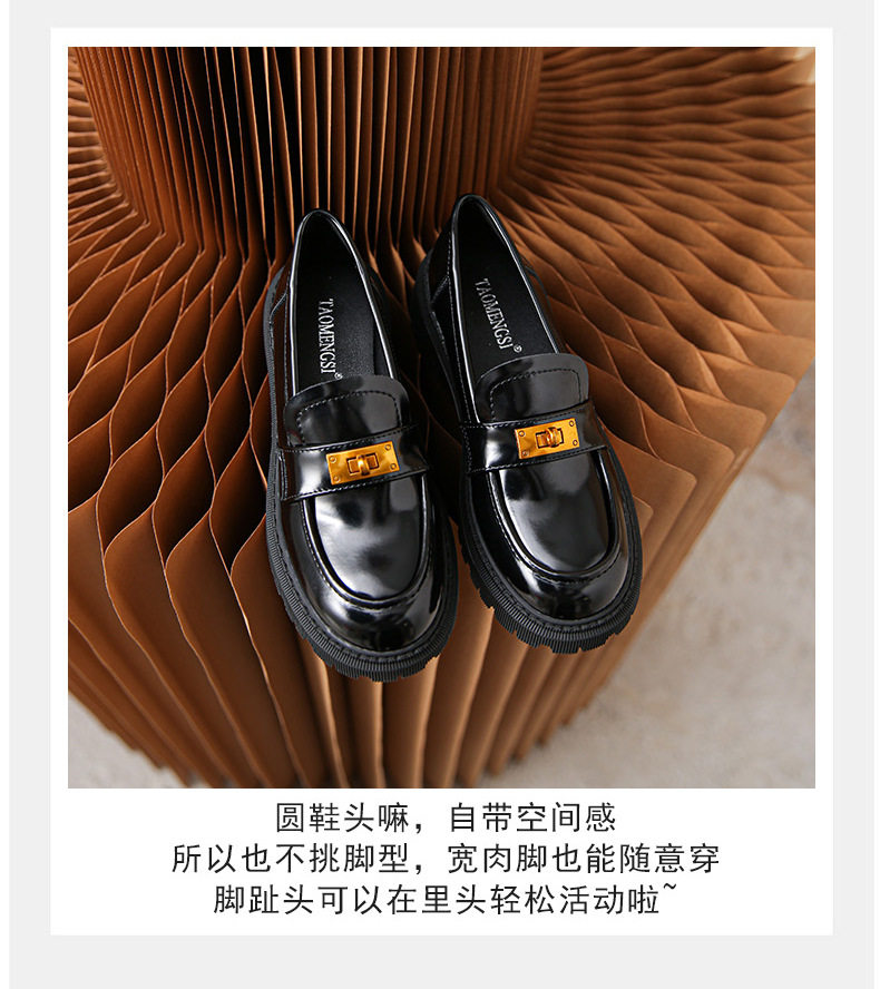 Giày lười nữ da mềm mũi tròn đế dày khóa vàng gót vuông 3–5 cm — Màu đen chi tiết 8