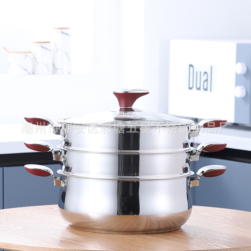 Stainless Steel Steamer Pot, Exclusively for Cross-Border Sales, Non-Drip Steamer Pot with Double Bottom, Three-Layer Seafood Pot, Steamed Rice