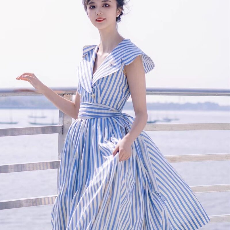 Nostalgic Sea Breeze Navy Collar Summer Blue Striped Pleated Skirt Sweet Princess Dress Knitted Fabric