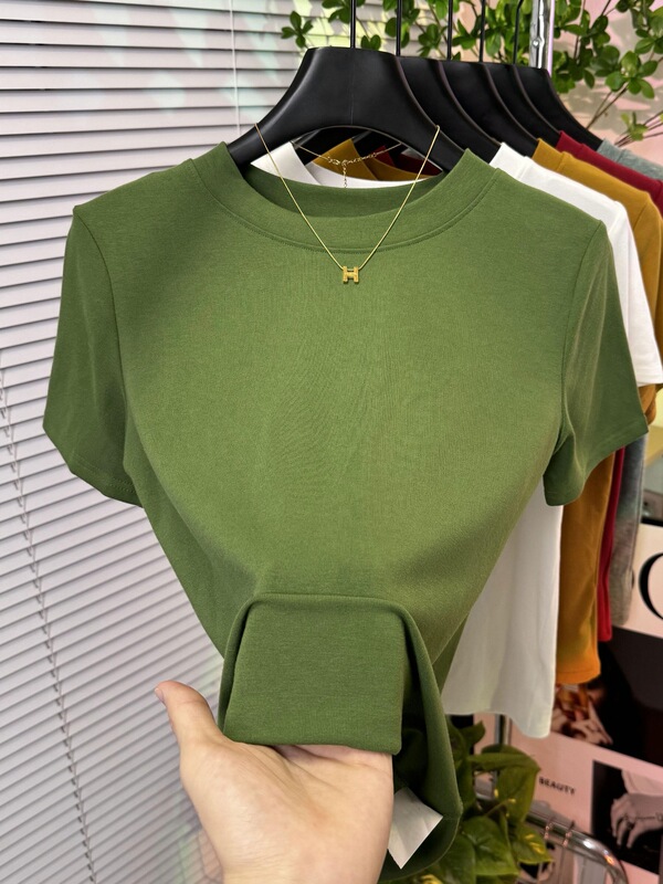 フラワーグレーラウンドネック半袖スリムフィットシャツ女性の夏の新しい気質ハイエンドストレッチトップTシャツトレンディ|undefined