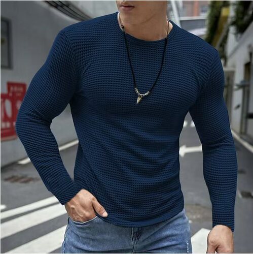 2024 Cross-border E-commerce Amazon Threaded Cuff Base Layer Shirt for Men, Slim-fit, Long-sleeved, Round-neck Casual Top for Europe and the U.S.