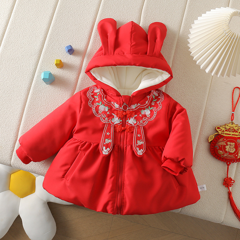 Invierno nuevo estilo niña princesa más algodón más terciopelo grueso cálido con capucha ropa de Año Nuevo estilo extranjero estilo nacional oreja de conejo chaqueta de algodón