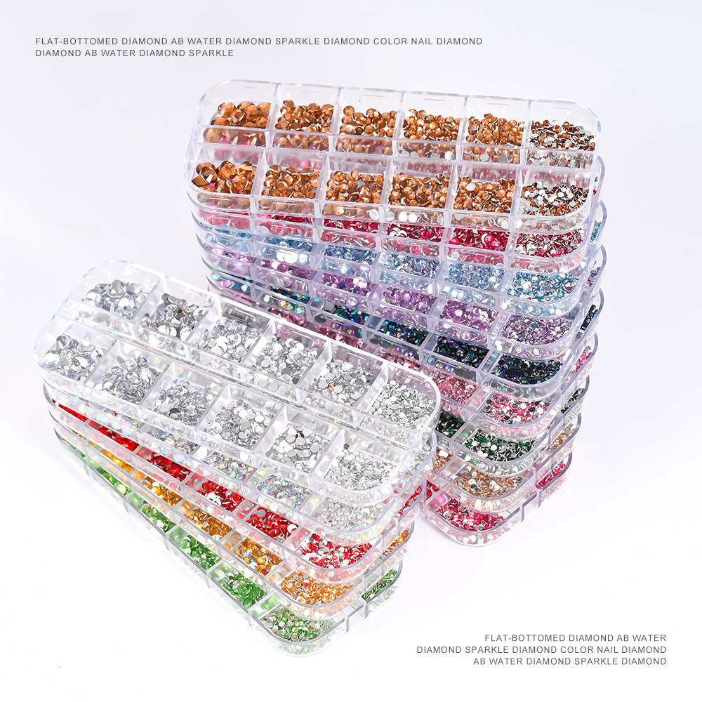 Decoraciones de Uñas con Pedrería de Fondo Plano, Superventas Transfronterizas, para Niñas, Caja de 12 Compartimentos, Accesorios de Plástico para Decoración de Uñas con Pedrería de Colores, Venta al por Mayor