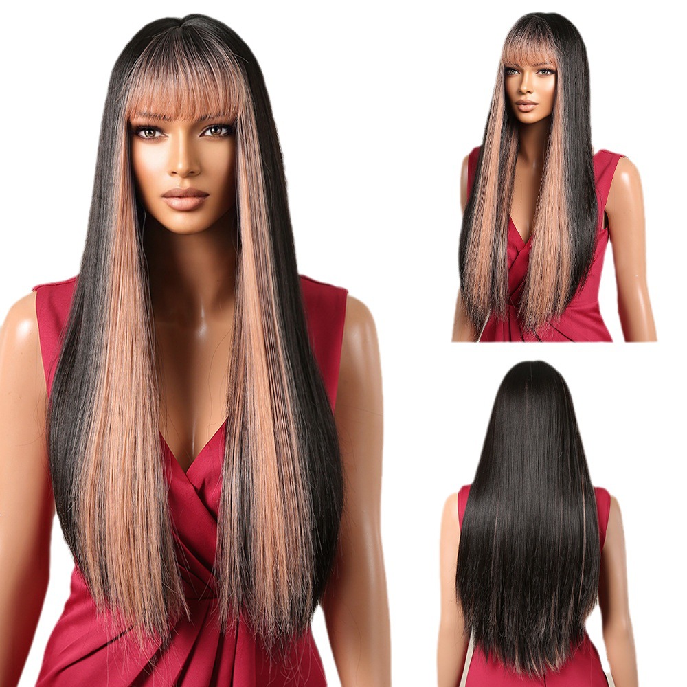 Shein nuevo europeo y americano Peluca de las mujeres de pelo largo flequillo recto pelo temperamento diosa natural moda peluca cabeza cubierta