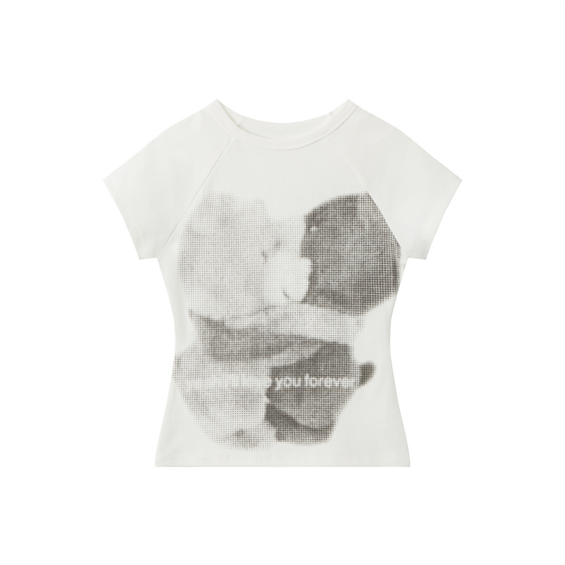 つるヘンリーアメリカン肩袖熊プリント半袖tシャツ女性2025新作丸首ギャル上着