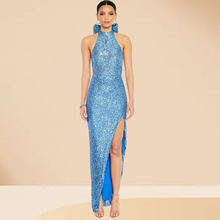 欧美女装裙子夏高级感亮片开叉长裙亚马逊挂脖大蝴蝶结礼服连衣裙