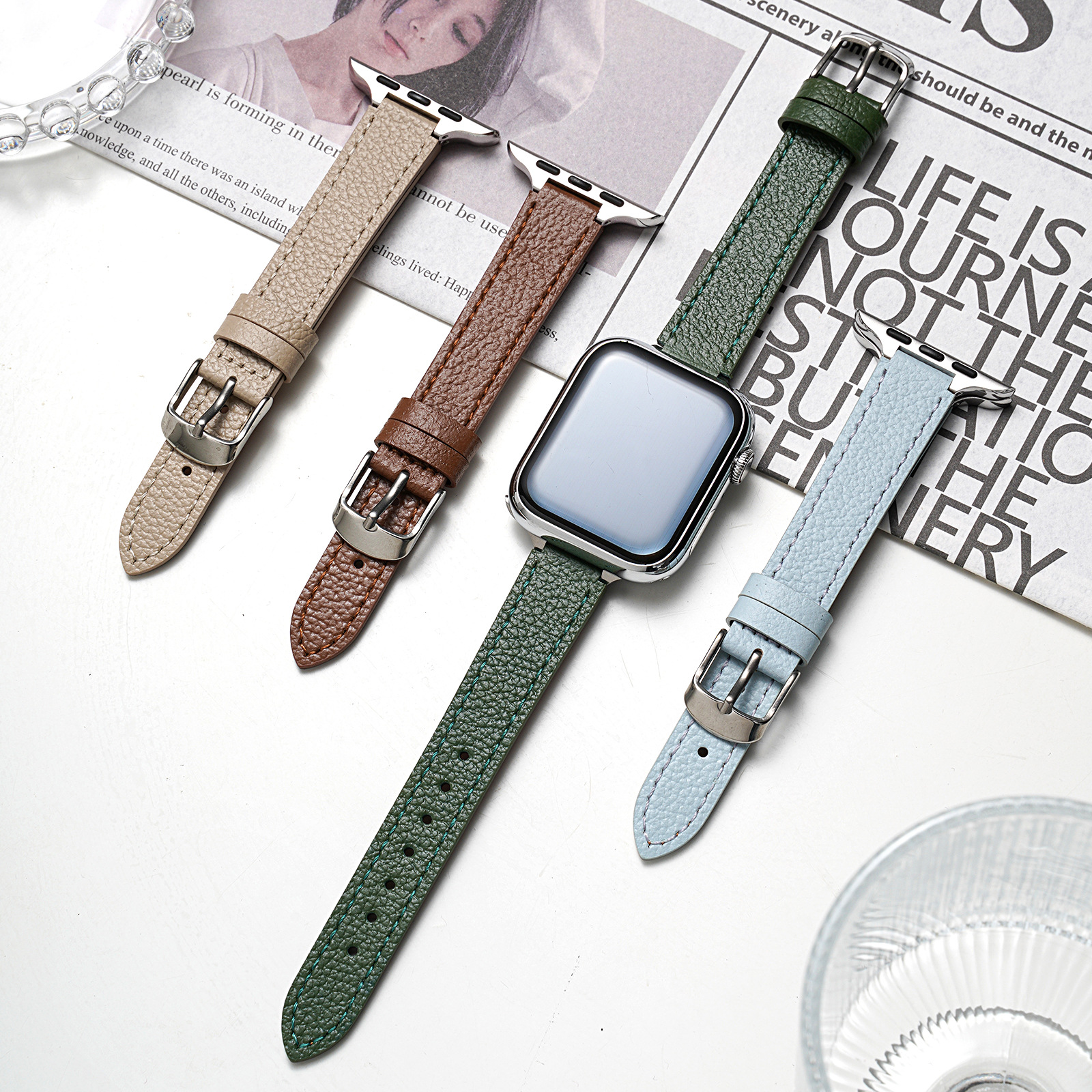 Suitable for Apple AppleWatch first layer leather lychee pattern small waist women's iwatch smart watch strap